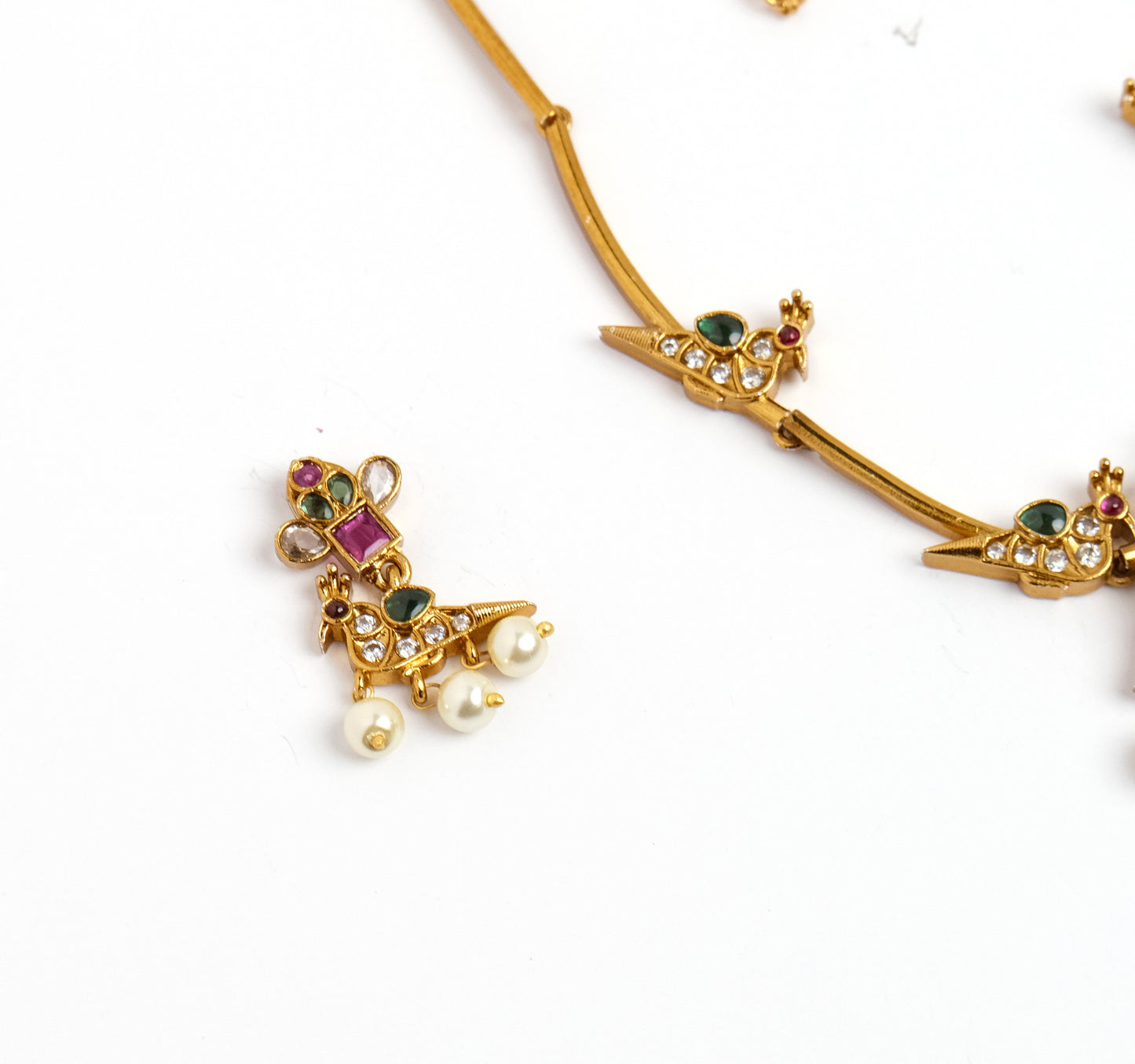 Elegant Gold Peacock Necklace Set with Pearl Hanging & Red-Green Stones