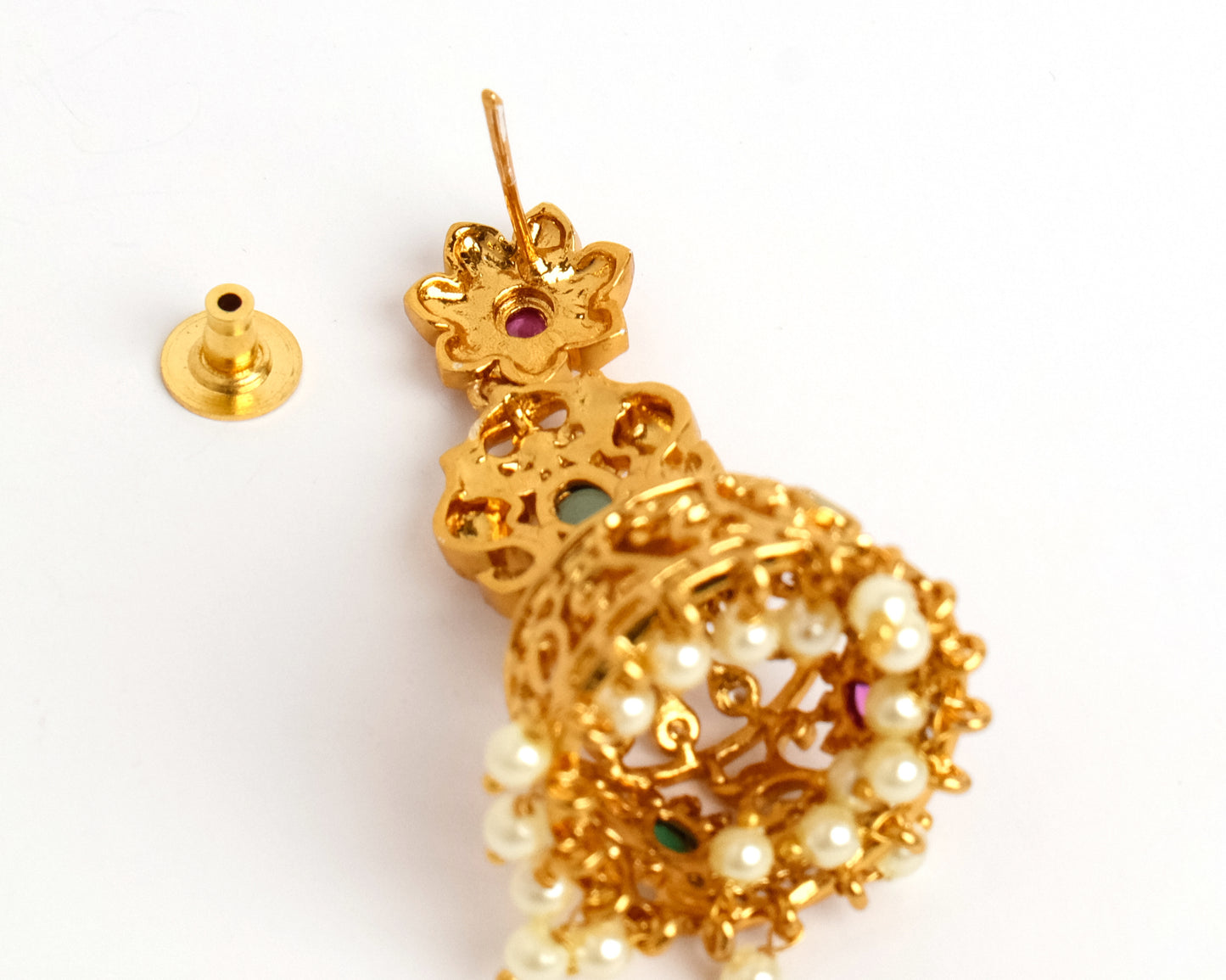 Elegant Red & Green Stone Jhumka with AD stones