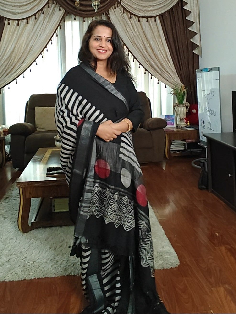 Trendy Stripe & Polka Combo Saree in Black and White
