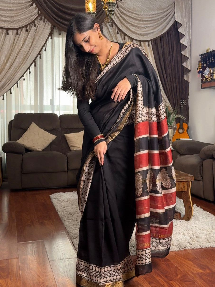 Midnight Black Zari Border Design Maheshwari silk saree