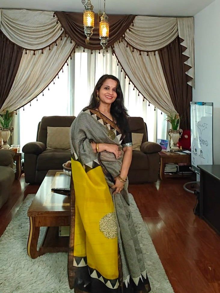 Classic Checks Maheshwari Silk Saree in Black and white with Yellow Border