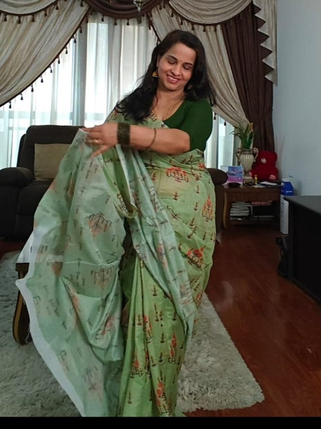 Floral design olive green Chanderi cotton saree
