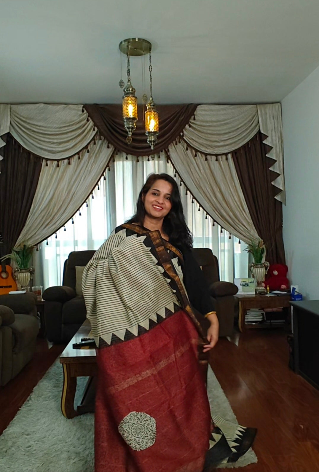 Black and beige strip with red pallu Maheshwari silk saree