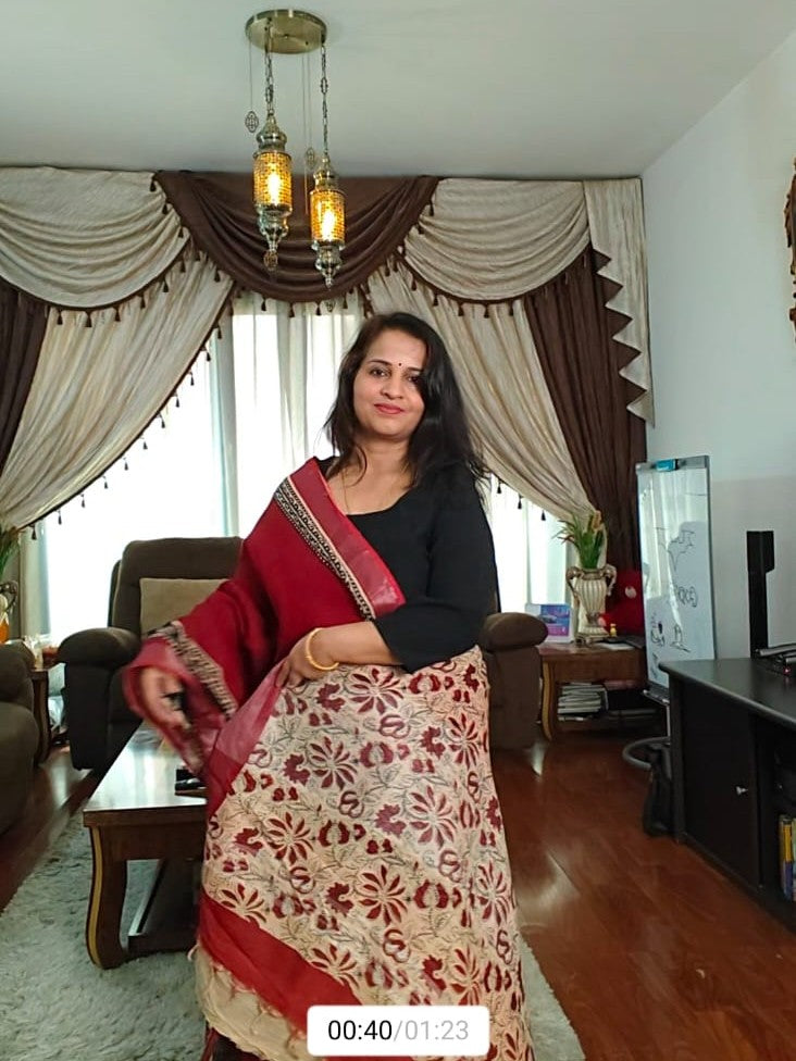 Chic Maroon & Black Floral Bagru Cotton Sarees
