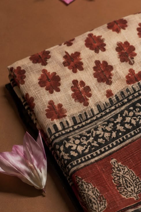 Red and Beige Bagru hand block print cotton sarees