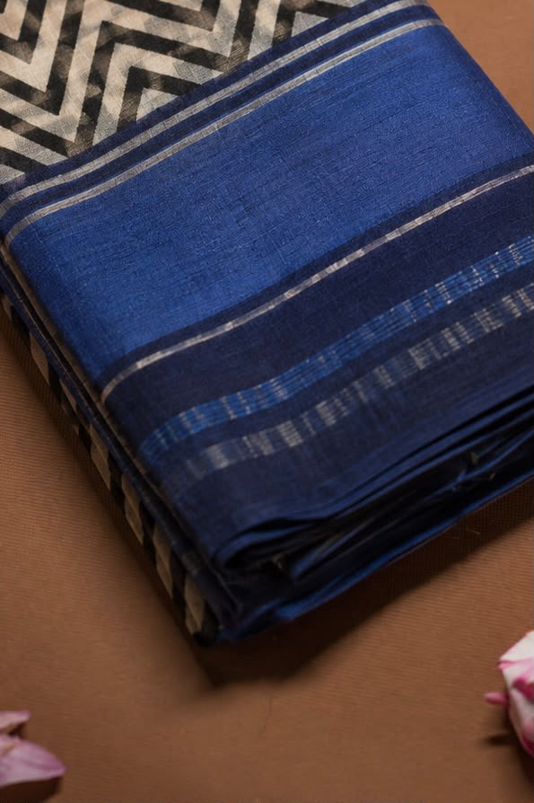 Geomatrical strip bagru hand block print cotton saree