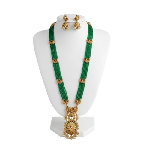 Elegant Long Green Beads Layred Chain with Golden Motifs