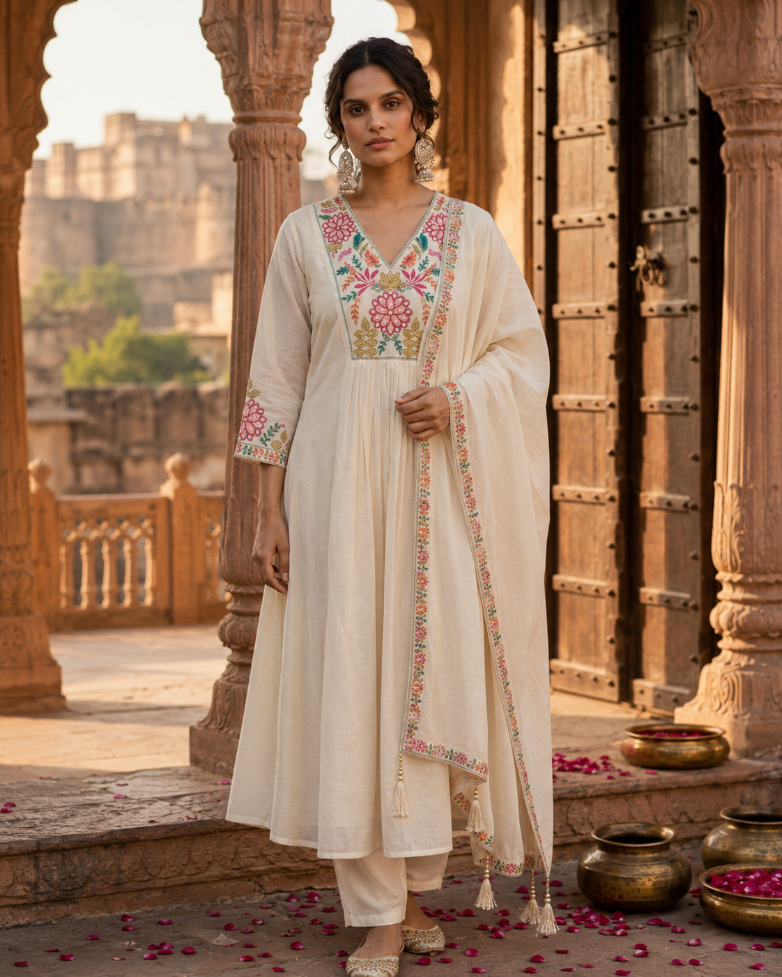 OFF WHITE EMBROIDERED MUL CHANDERI 3PC SET