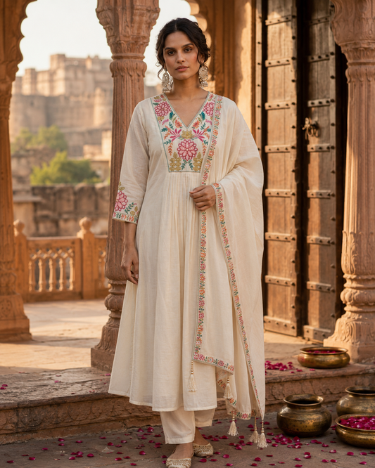 OFF WHITE EMBROIDERED MUL CHANDERI 3PC SET