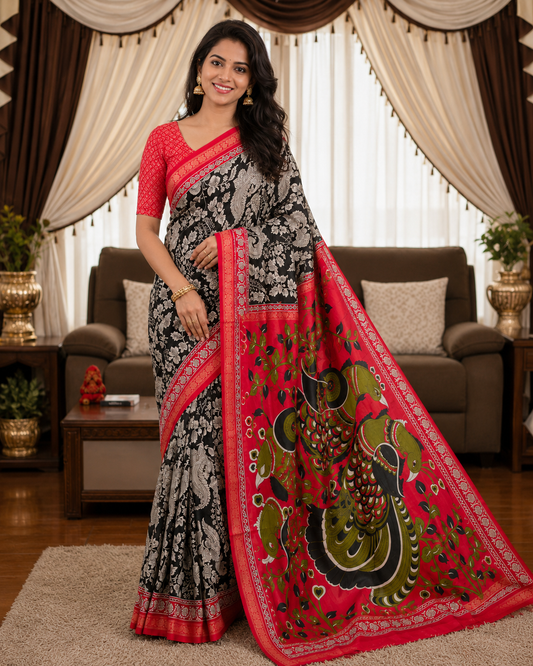 Black kalamkari saree with red blouse
