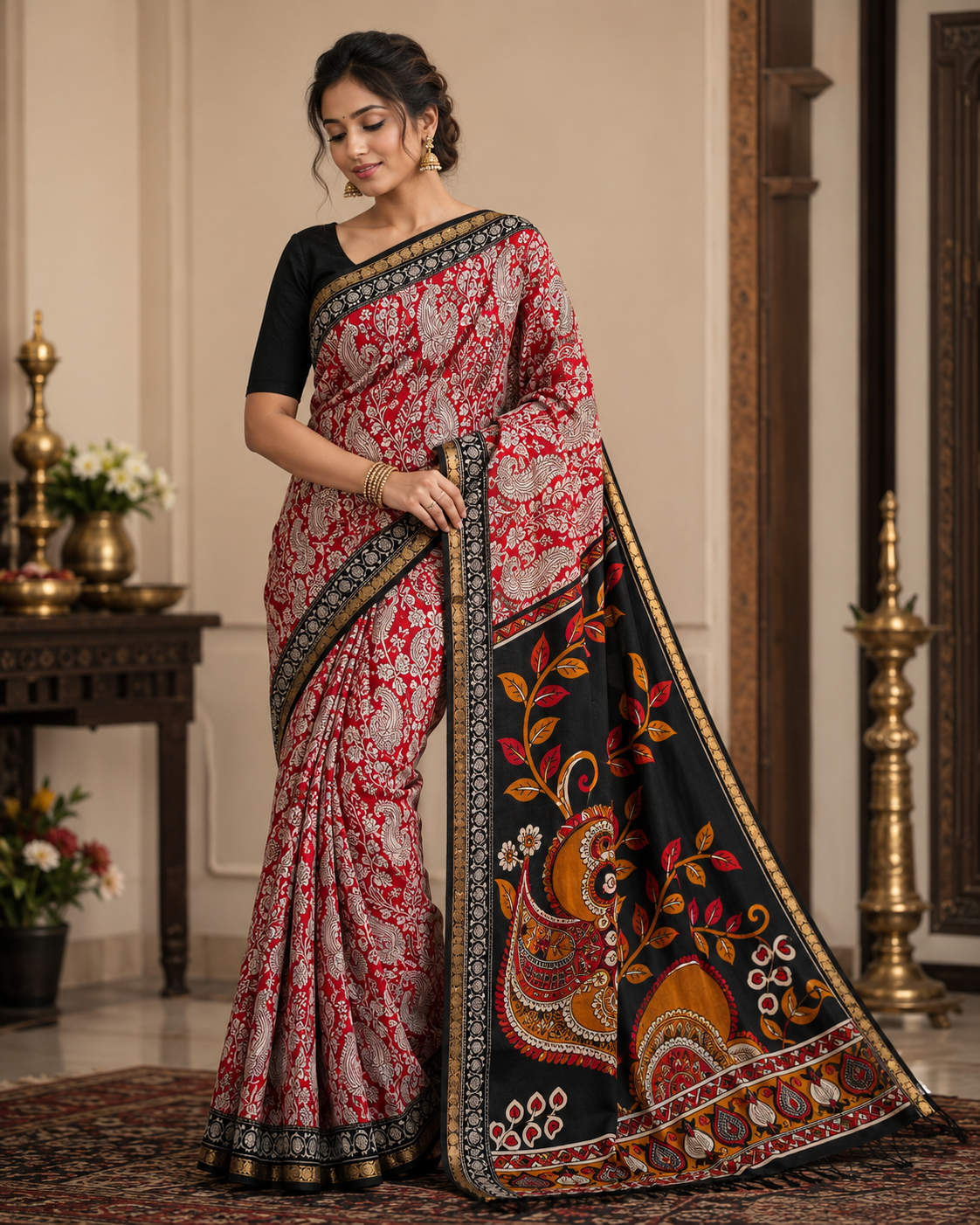 Soft mulmul cotton silk  red pen kalamkari saree