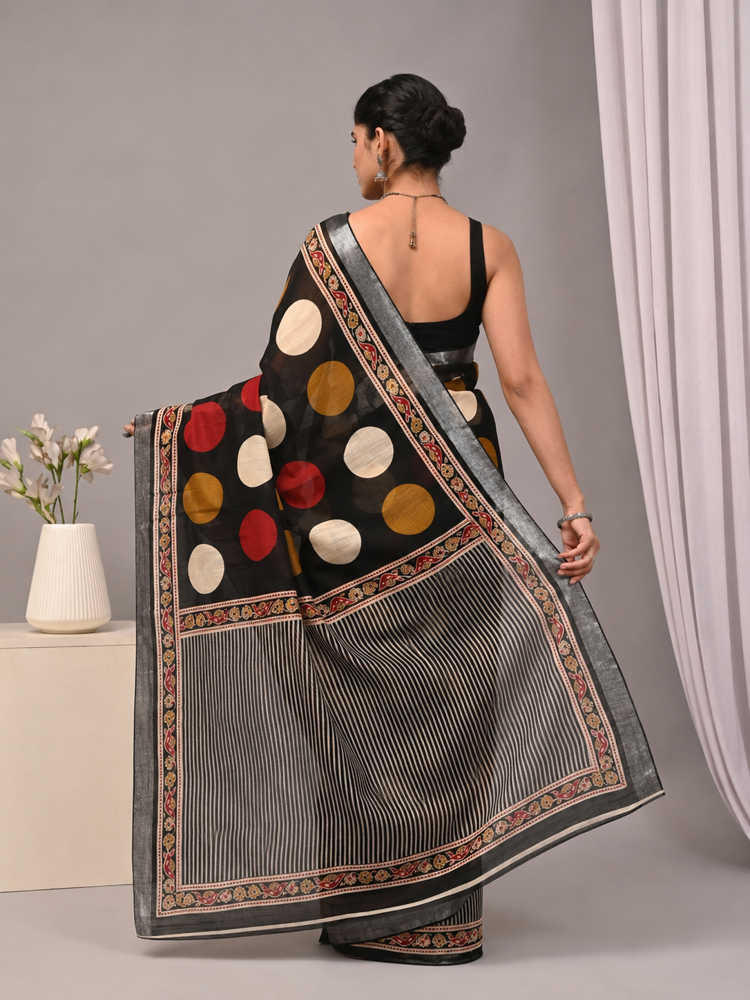 Geometric Polka Dot  Design Bagru Cotton Sarees