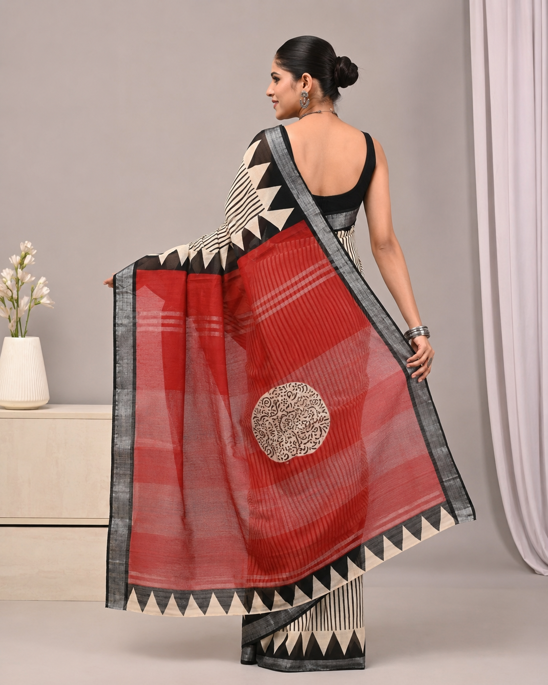 Hand Block Bagru Cotton Sarees-Black Beige Stripes & Red Pallu