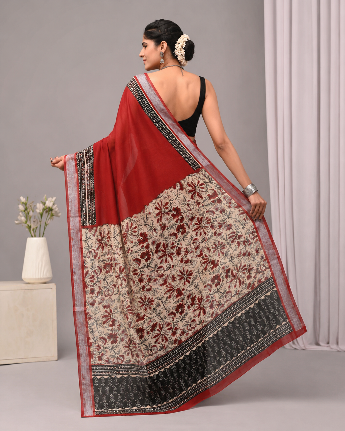 Chic Maroon & Black Floral  Bagru Cotton Sarees