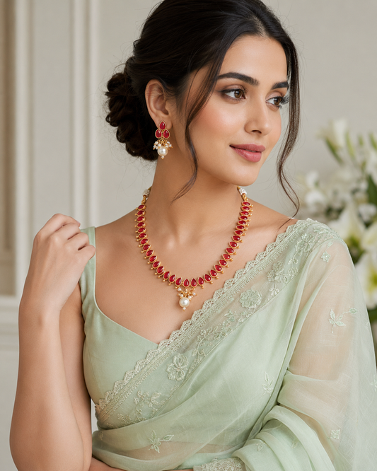 Elegant Ruby Necklace with Pearl Dangling Drops