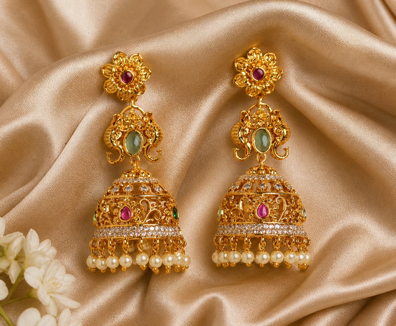 Elegant Red & Green Stone Jhumka with AD stones