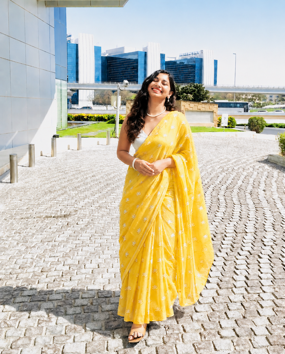 Lotus Print Yellow Colour Chanderi Cotton Sarees