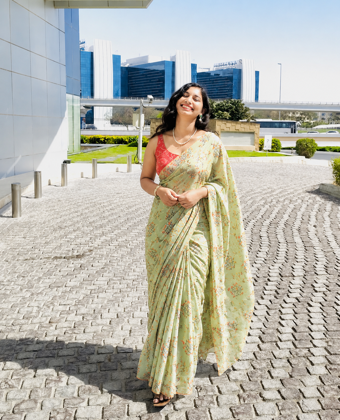 Floral design olive green Chanderi cotton saree