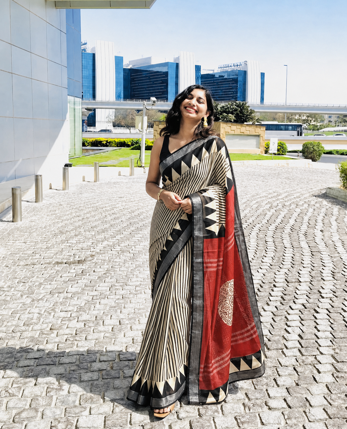 Hand Block Bagru Cotton Sarees-Black Beige Stripes & Red Pallu
