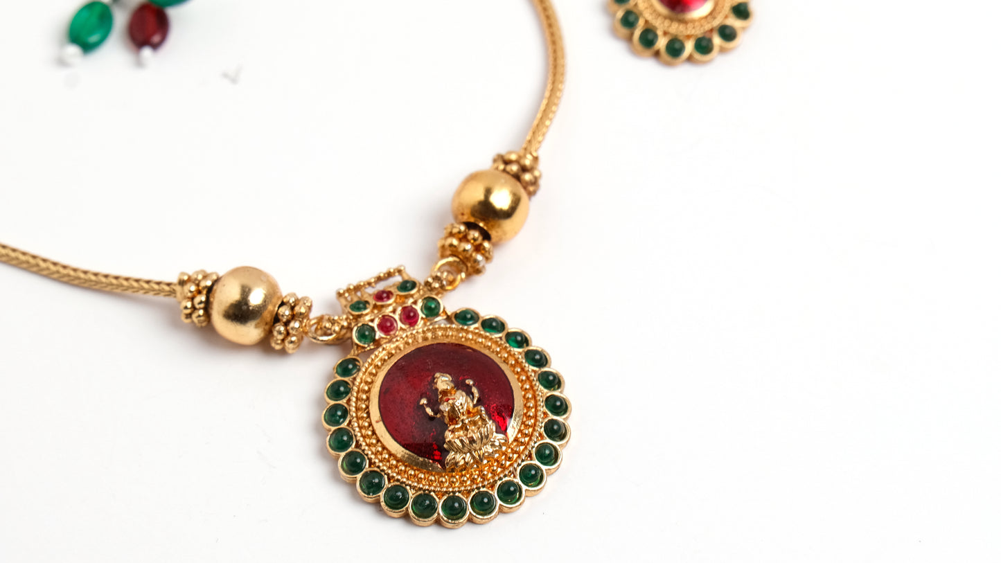 Traditional Lakshmi Red Pendant Temple Jewellery Necklace