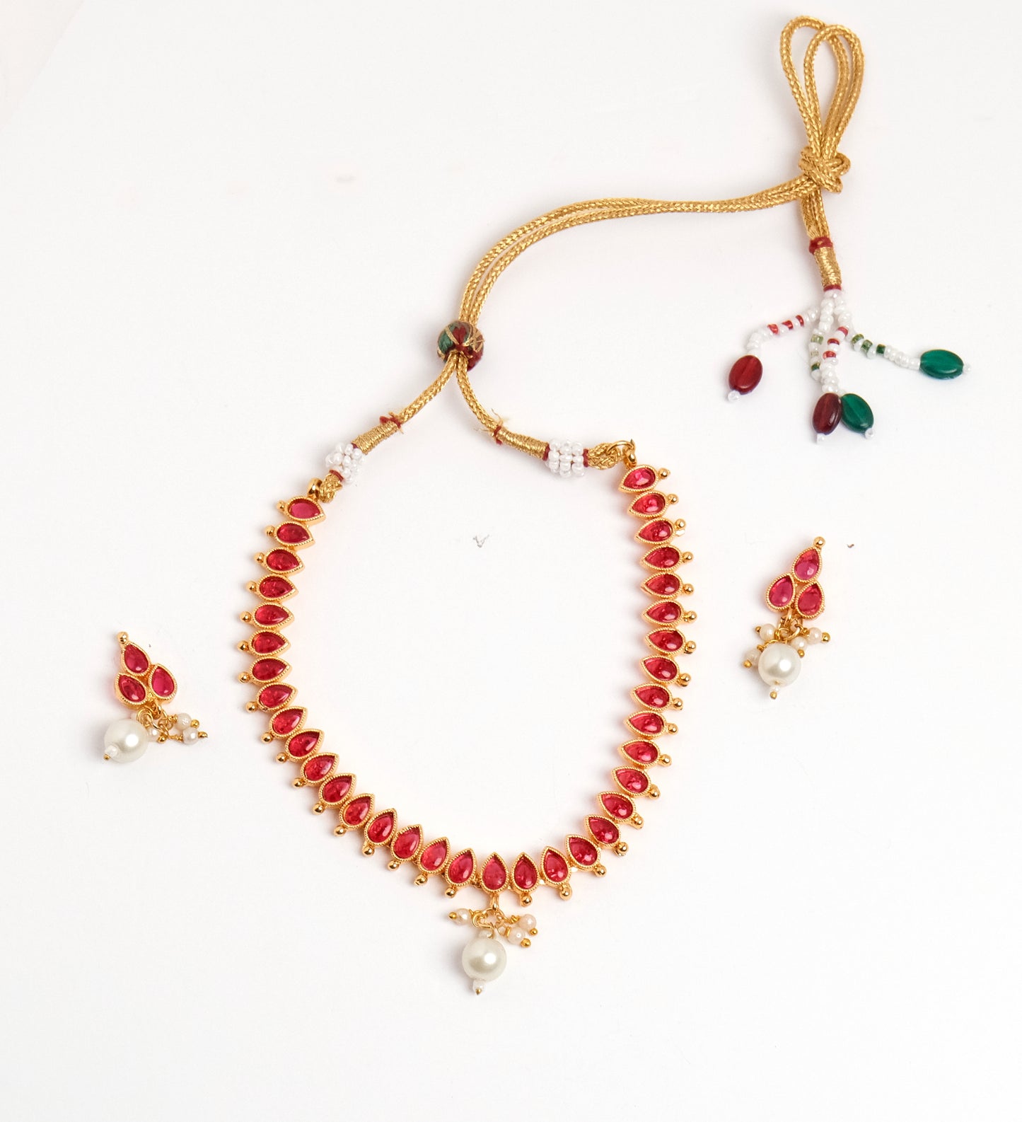 Elegant Ruby Necklace with Pearl Dangling Drops