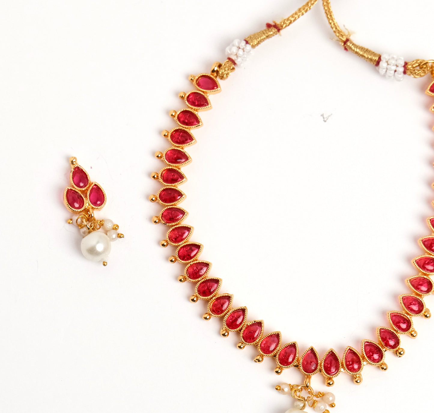 Elegant Ruby Necklace with Pearl Dangling Drops