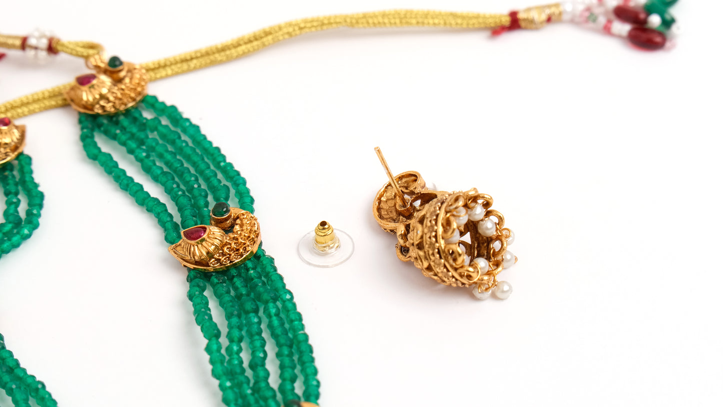 Elegant Long Green Beads Layred Chain with Golden Motifs
