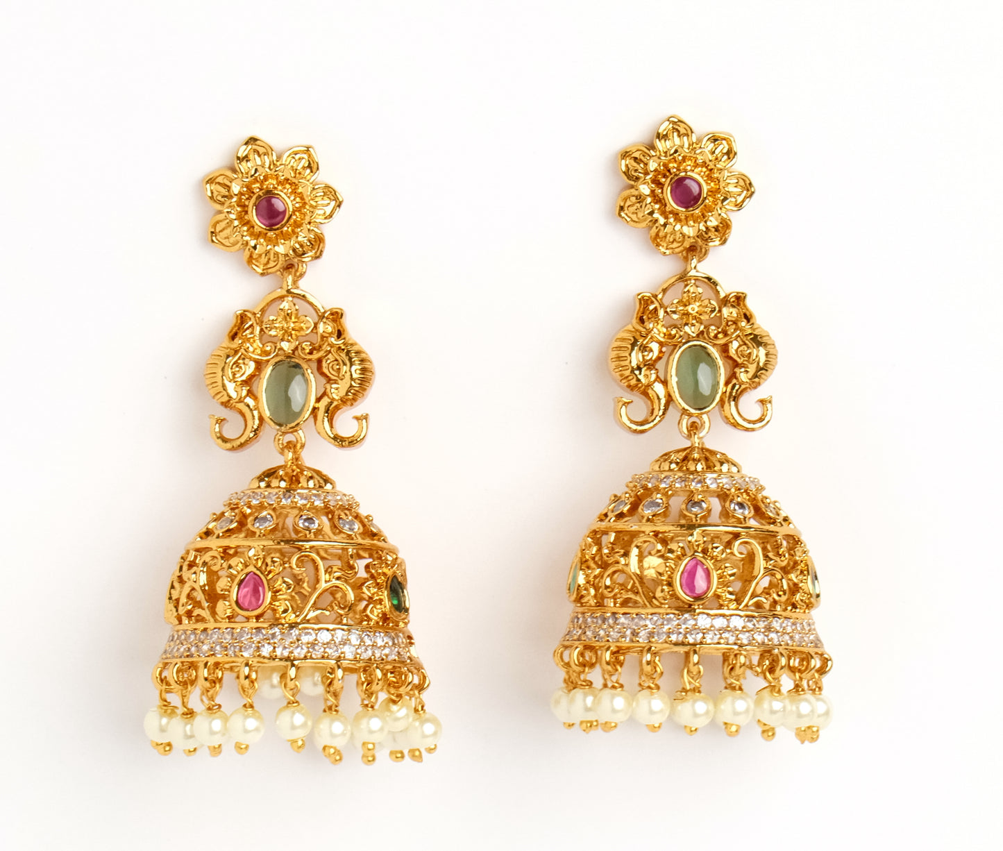 Elegant Red & Green Stone Jhumka with AD stones