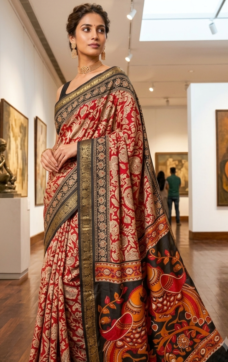Soft mulmul cotton silk  red pen kalamkari saree