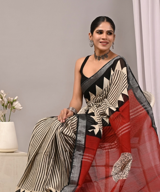 Hand Block Bagru Cotton Sarees-Black Beige Stripes & Red Pallu