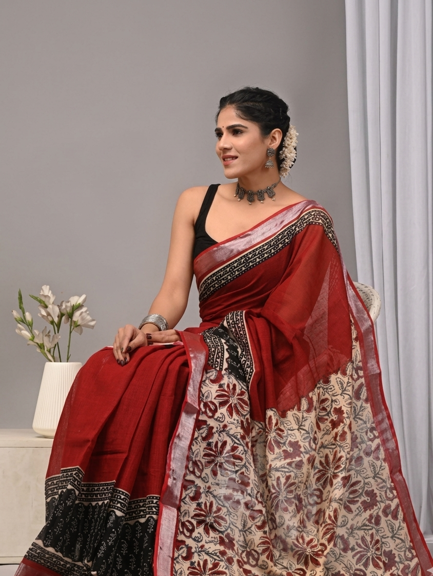 Chic Maroon & Black Floral  Bagru Cotton Sarees