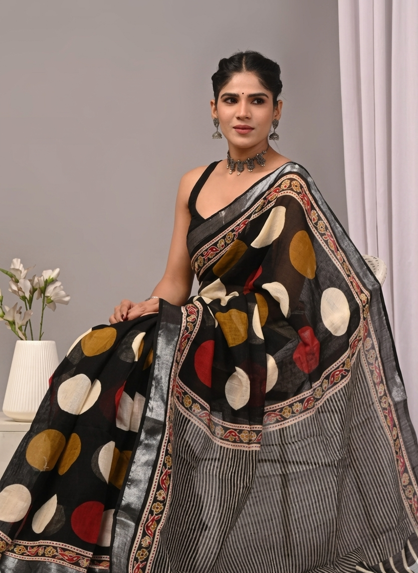 Geometric Polka Dot  Design Bagru Cotton Sarees