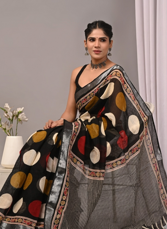 Geometric Polka Dot  Design Bagru Cotton Sarees