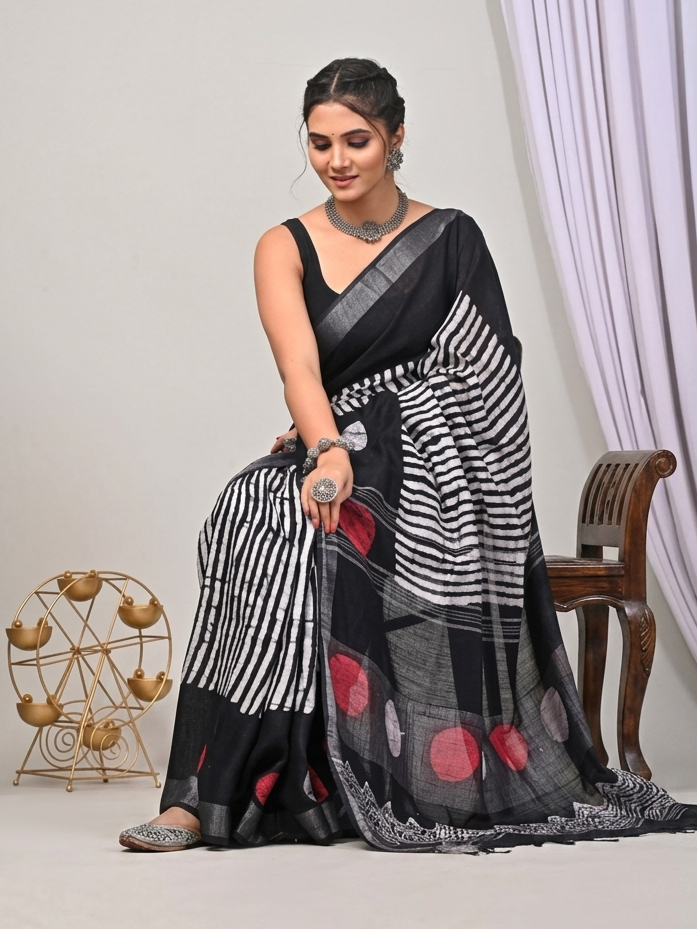 Trendy Stripe & Polka Combo Saree in Black and White