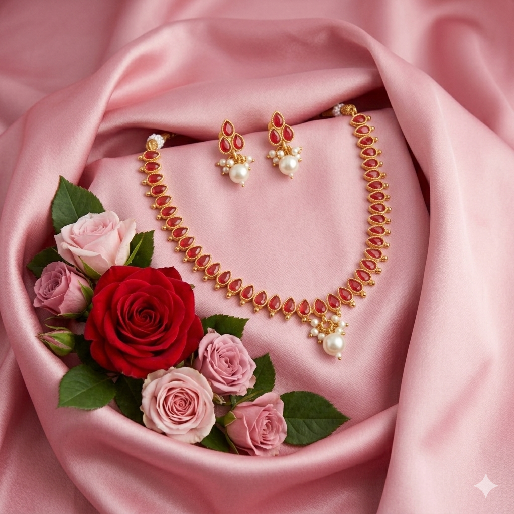 Elegant Ruby Necklace with Pearl Dangling Drops