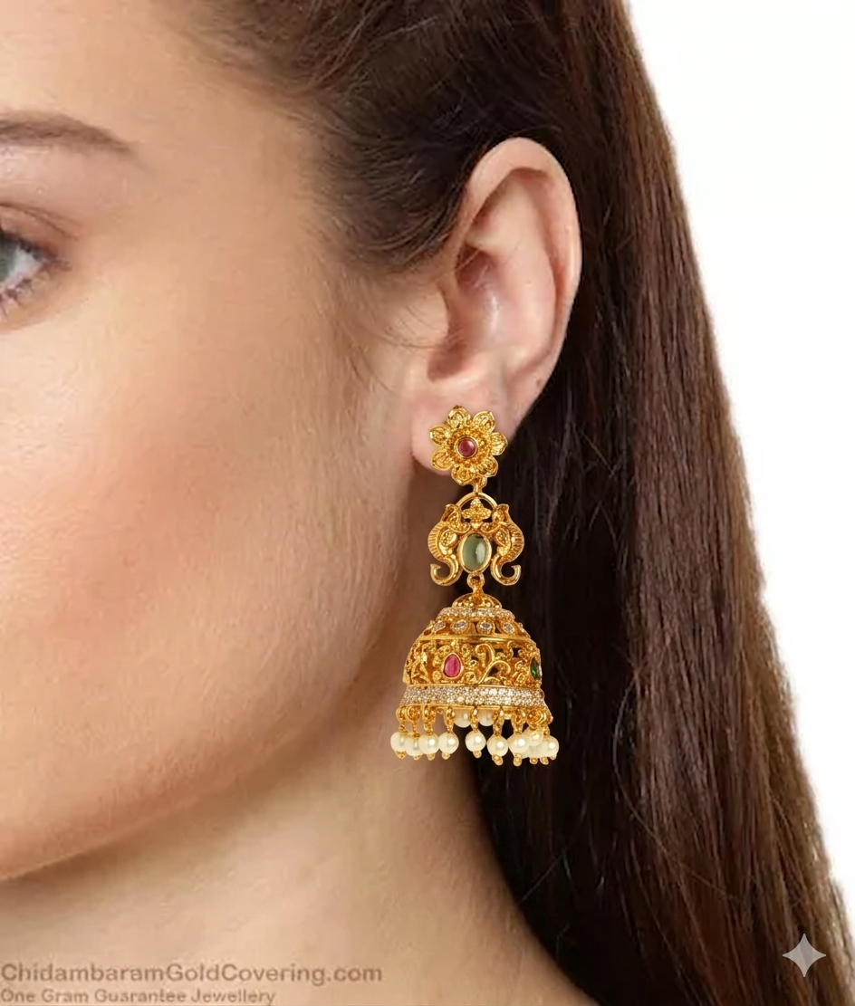 Elegant Red & Green Stone Jhumka with AD stones