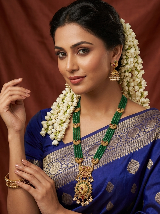 Elegant Long Green Beads Layred Chain with Golden Motifs