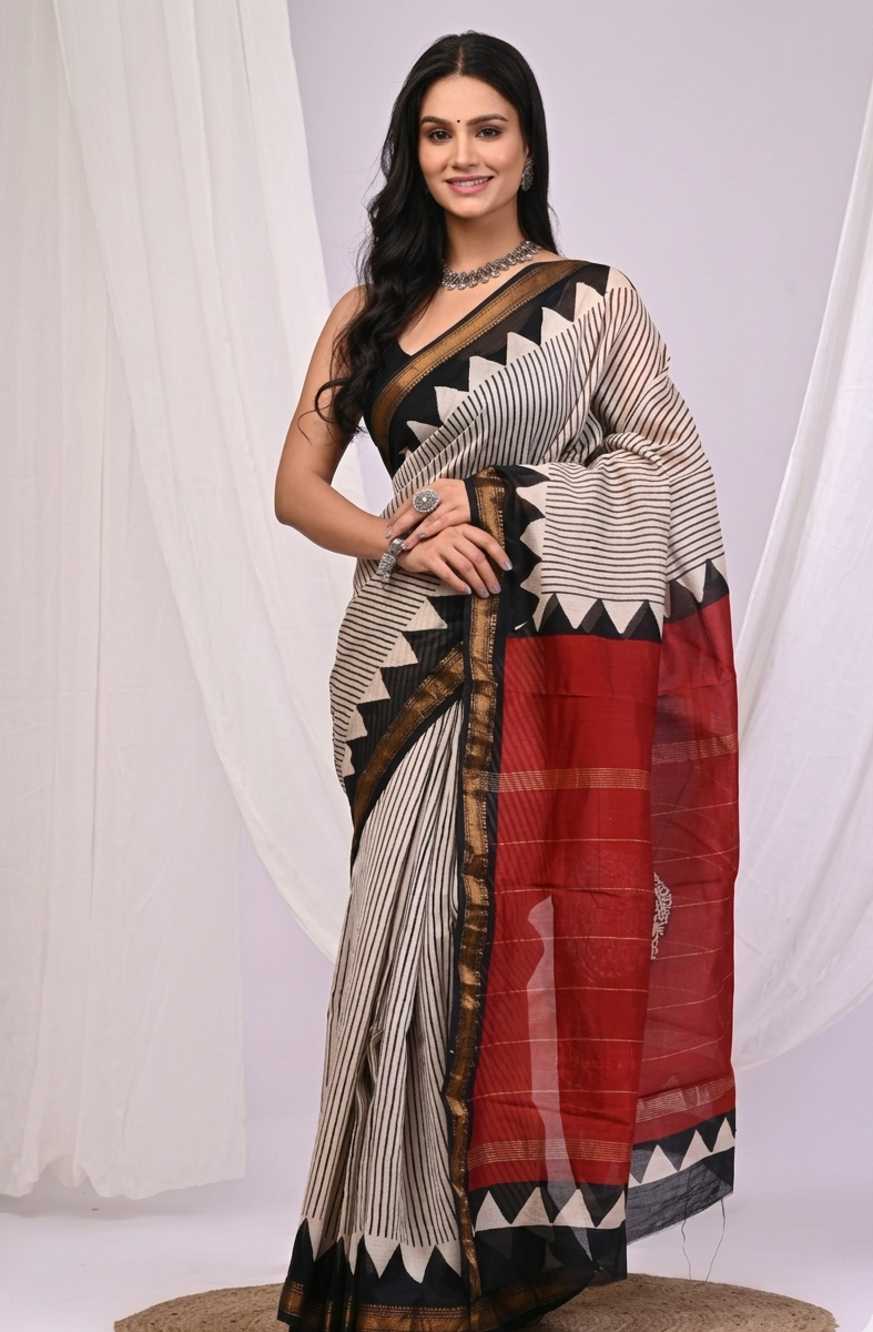 Black and beige strip with red pallu  Maheshwari silk saree