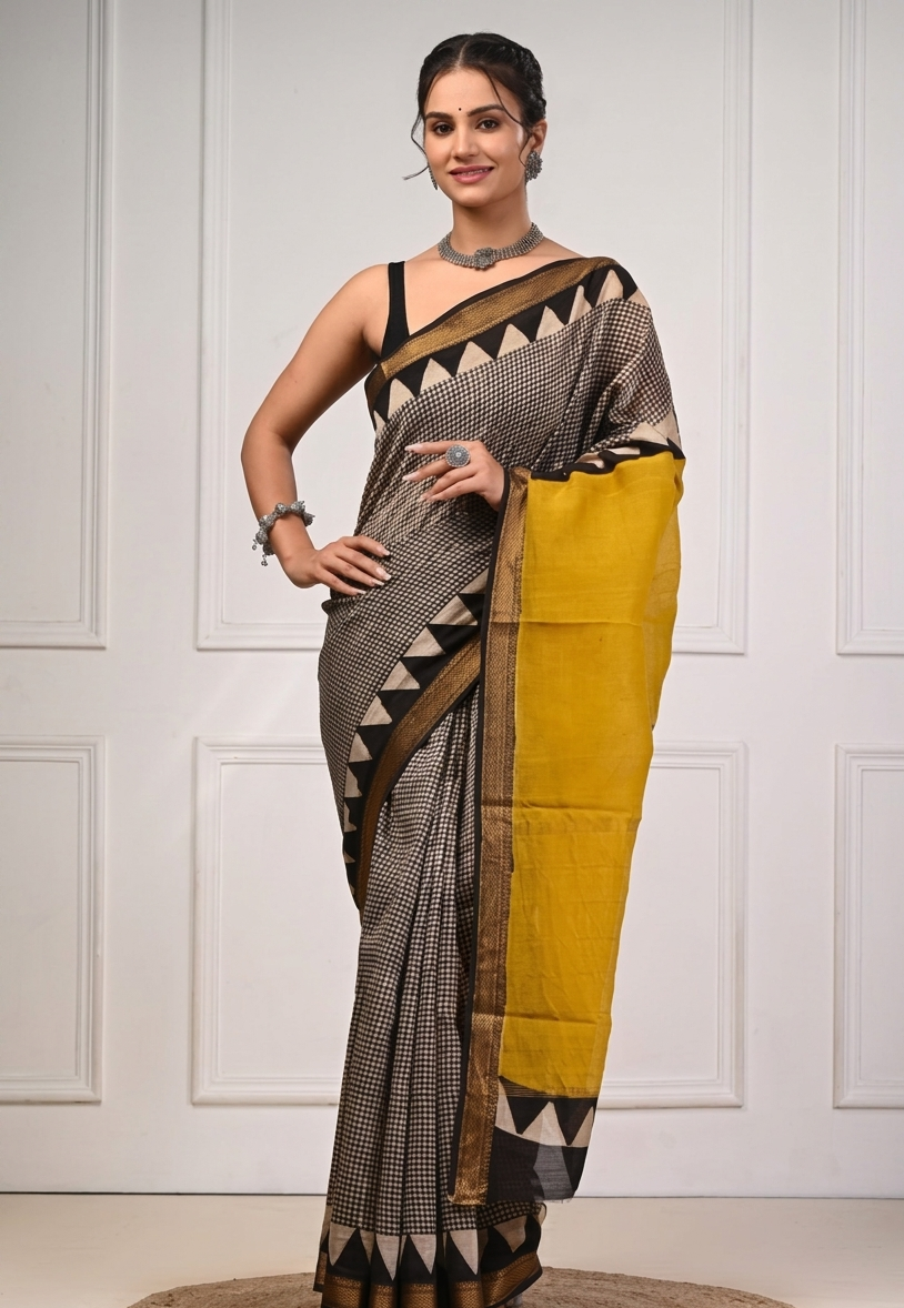 Classic Checks Maheshwari  Silk Saree in Black and white with Yellow Border