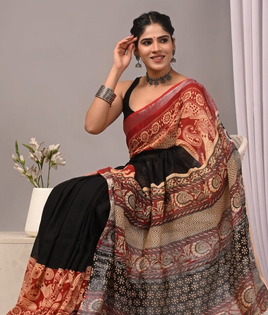 Timeless Black Cotton Saree With Bagru Floral Border
