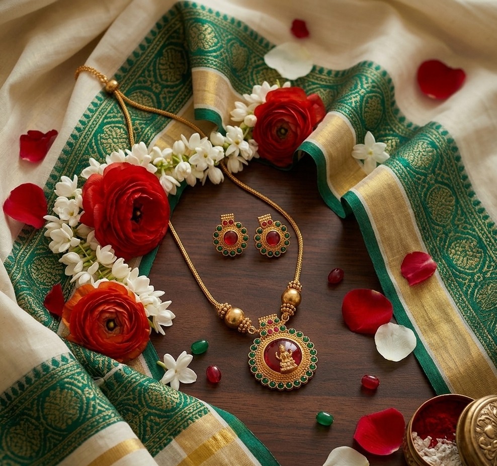 Traditional Lakshmi Red Pendant Temple Jewellery Necklace