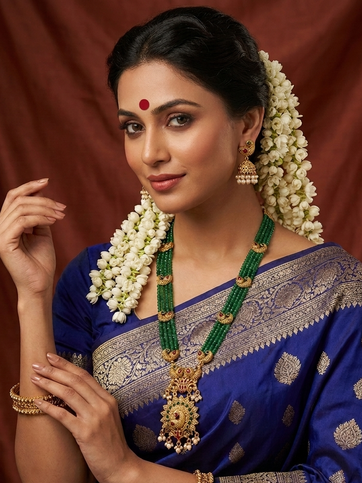 Elegant Long Green Beads Layred Chain with Golden Motifs