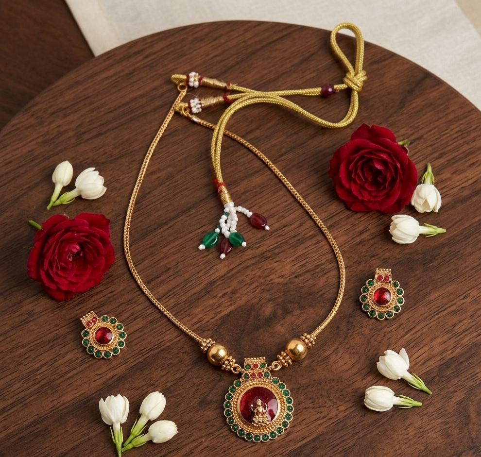 Traditional Lakshmi Red Pendant Temple Jewellery Necklace