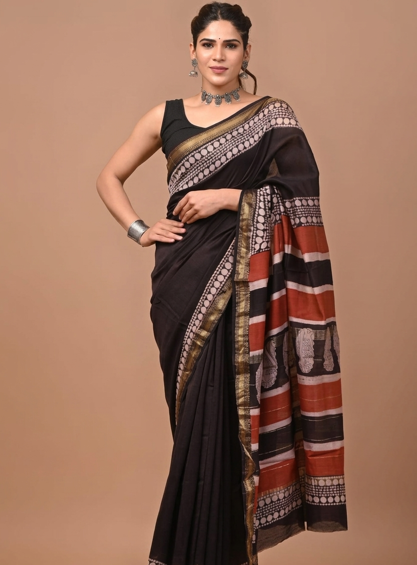 Midnight Black Zari Border Design Maheshwari silk saree
