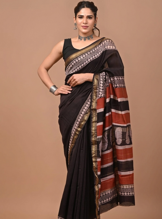 Midnight Black Zari Border Design Maheshwari silk saree