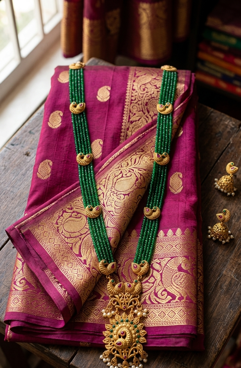 Elegant Long Green Beads Layred Chain with Golden Motifs