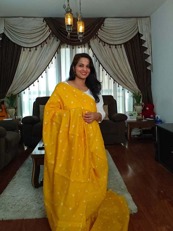 Lotus Print Yellow Colour Chanderi Cotton Sarees
