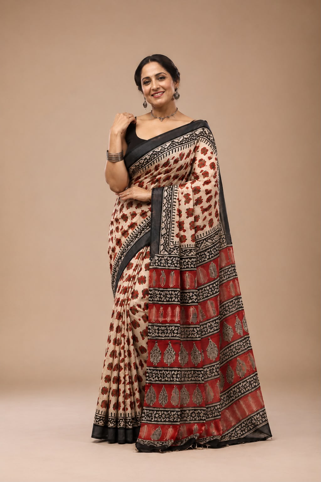 Red and Beige Bagru hand block print cotton sarees