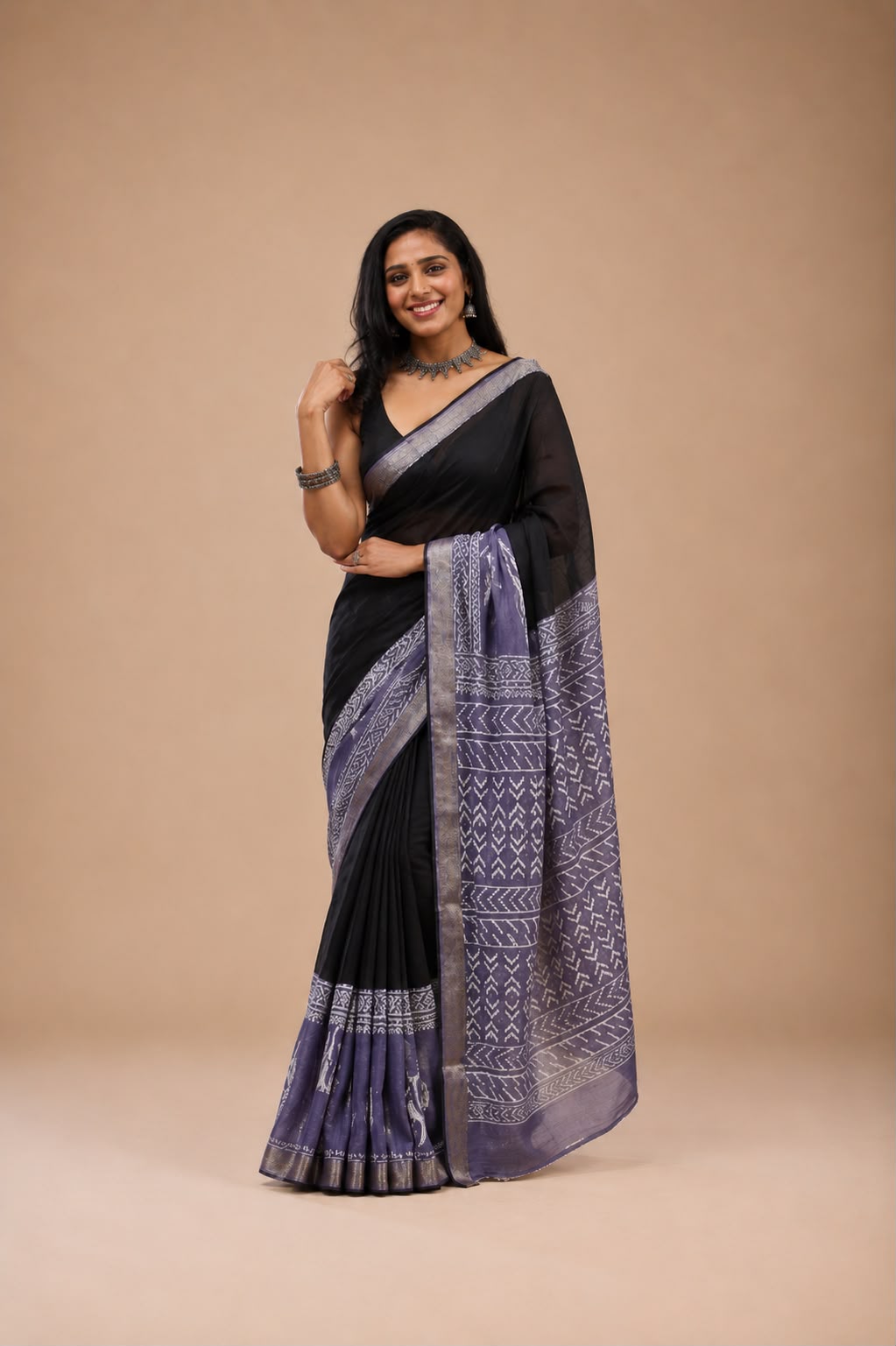 Black and purple hand block print Bagru cotton saree