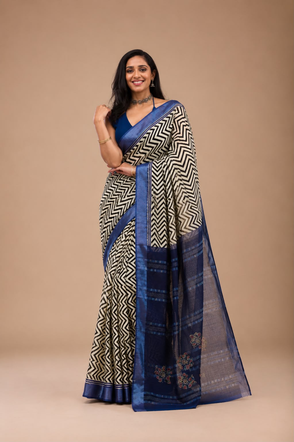Geomatrical strip bagru hand block print cotton saree
